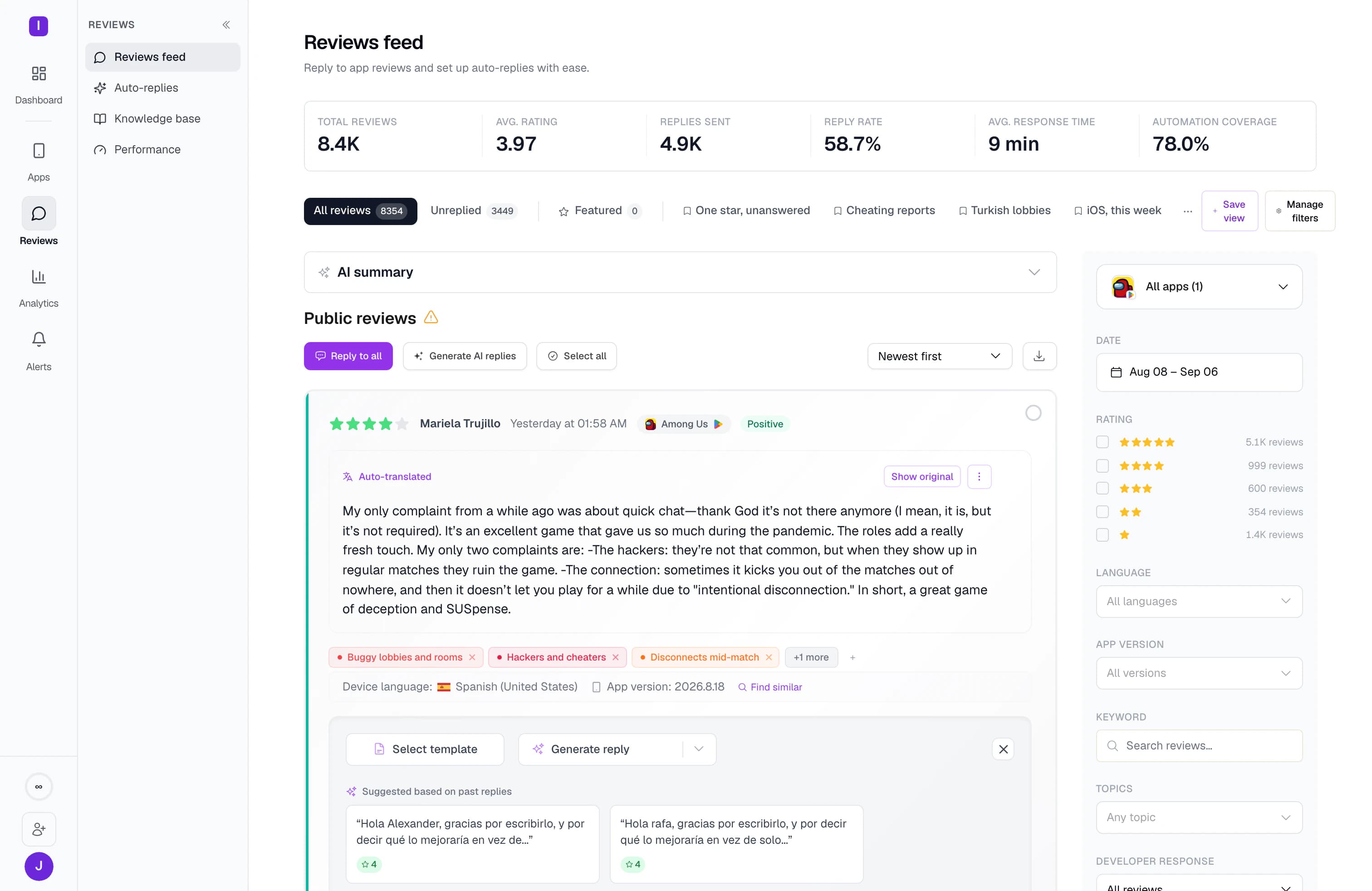 The reviews feed with saved views as tabs: unreplied, featured, one star unanswered, cheating reports, Turkish lobbies and iOS this week.