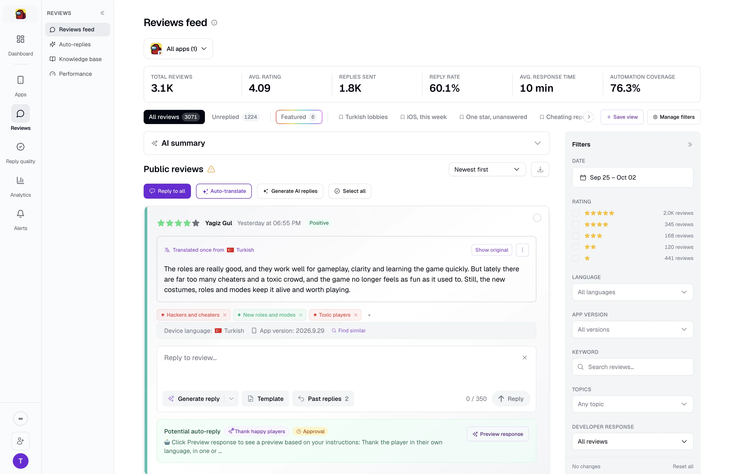 The reviews feed with saved views as tabs: unreplied, featured, one star unanswered, cheating reports, Turkish lobbies and iOS this week.